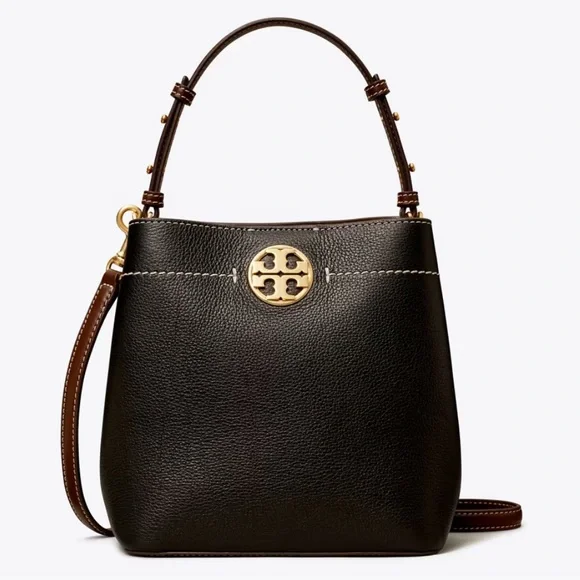 Tory Burch Black Leather Bucket Shoulder Bag with Gold Logo - Picture 2 of 4